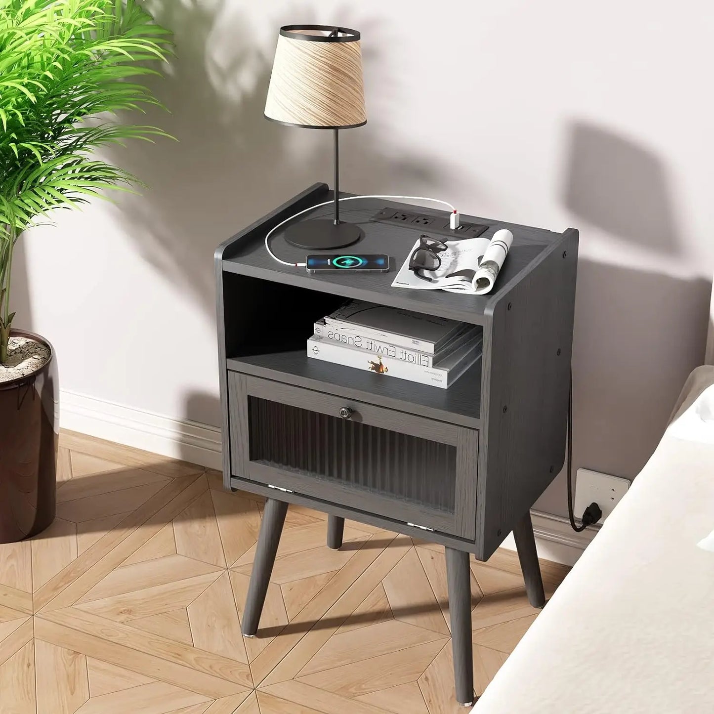 Mid Century Modern Nightstand with Charging Station