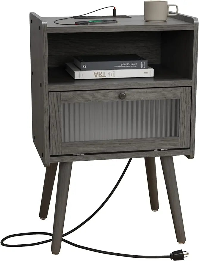Mid Century Modern Nightstand with Charging Station